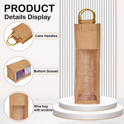 Natural Jute Wine Gift Bags with PVC Window – Reusable Single Bottle Bag for Weddings, Parties & Special Occasions (Set of 12)