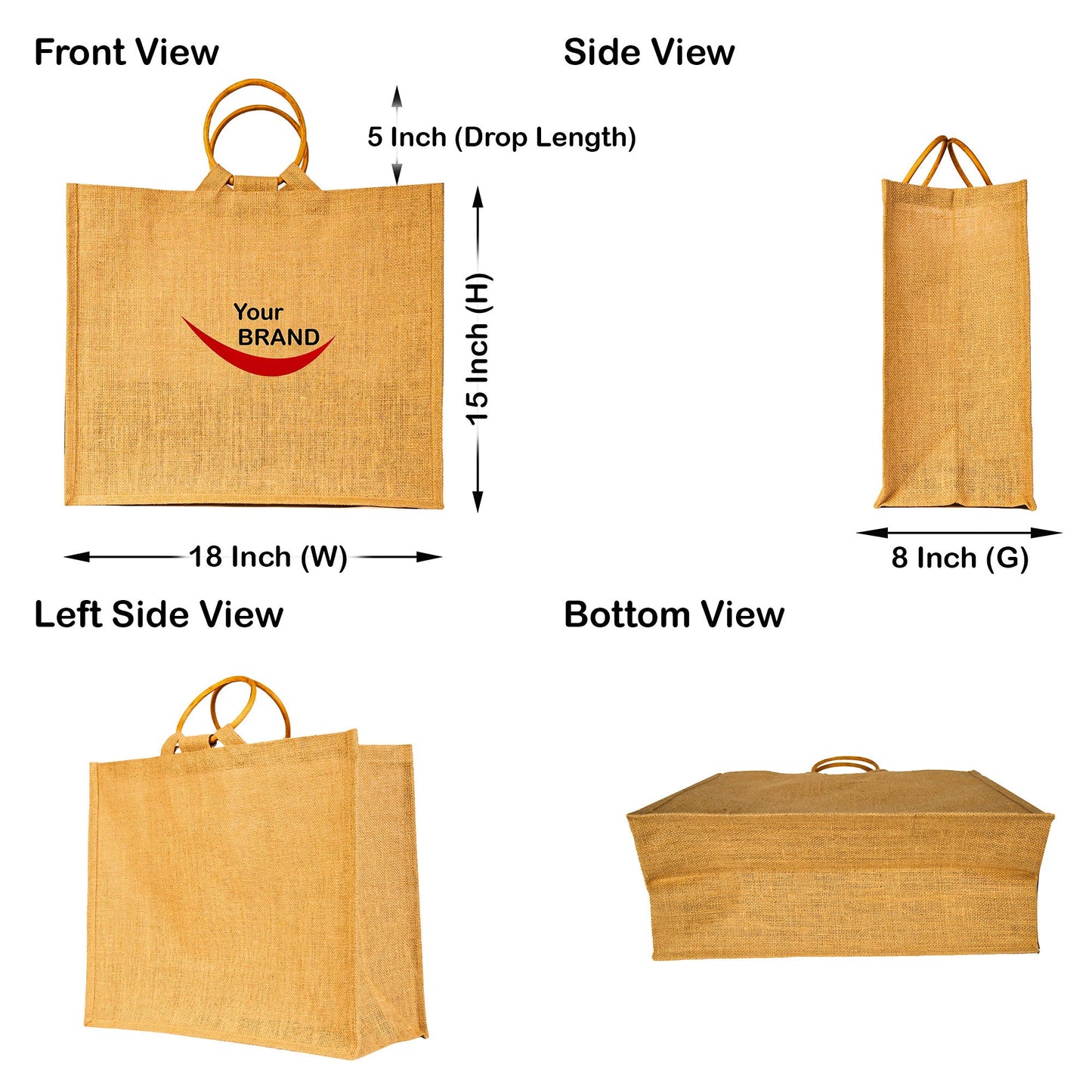 Reusable Jute Tote Bags with Cane Handles – Durable Totes for Shopping, Groceries (Set of 8)