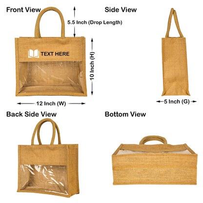Jute Tote Bags with PVC Window – Wholesale Reusable Bags for Weddings, Christmas Parties & Special Occasions (Set of 8)