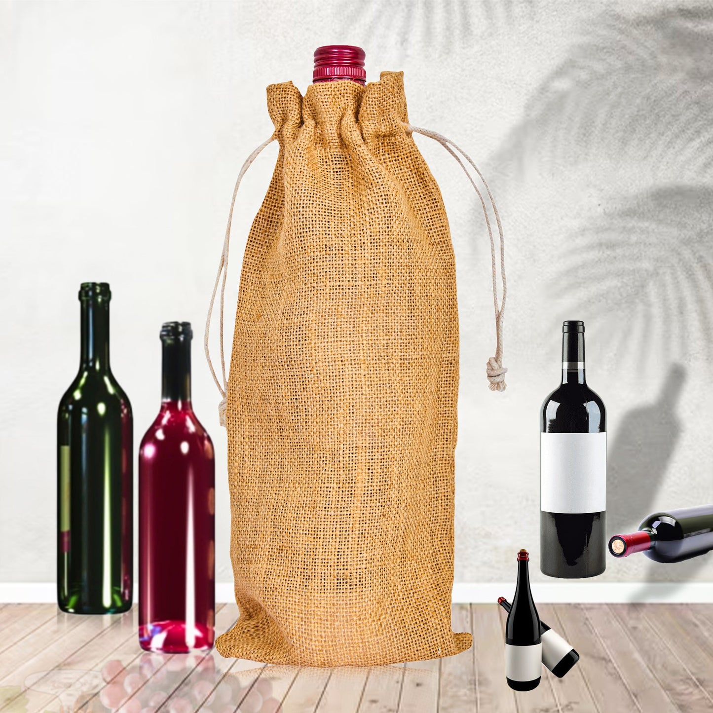 Reusable Jute Wine Bottle Bags – Burlap Drawstring Pouches for Wine & Bottles – Ideal for Weddings, Parties & Bulk Gift Packaging (Packs of 12)