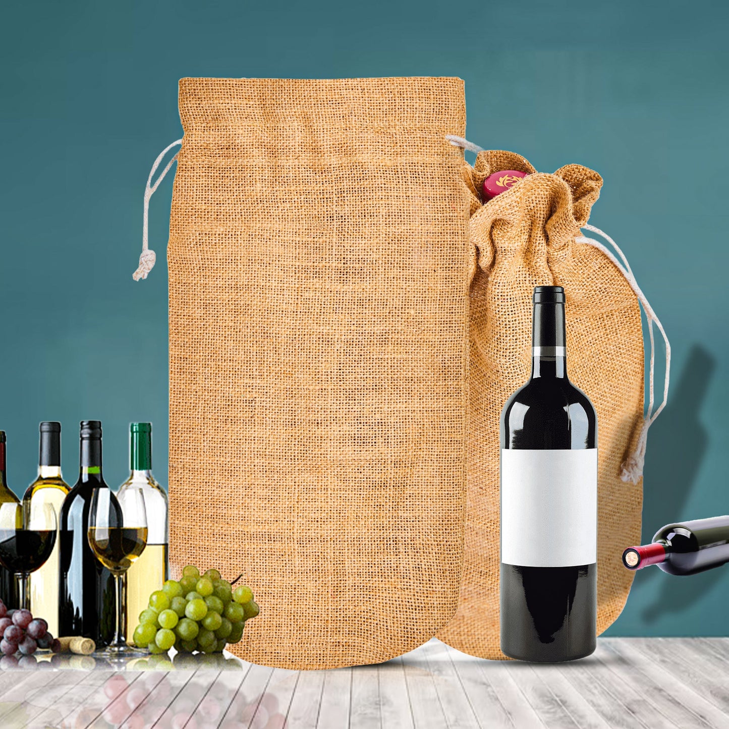 Beige Jute Wine Bottle Bags – Burlap Gift Covers with Drawstrings, New Year, Weddings, Birthdays, and Special Occasions (Packs of 12)