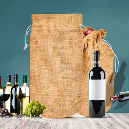 Beige Jute Wine Bottle Bags – Burlap Gift Covers with Drawstrings, New Year, Weddings, Birthdays, and Special Occasions (Packs of 12)