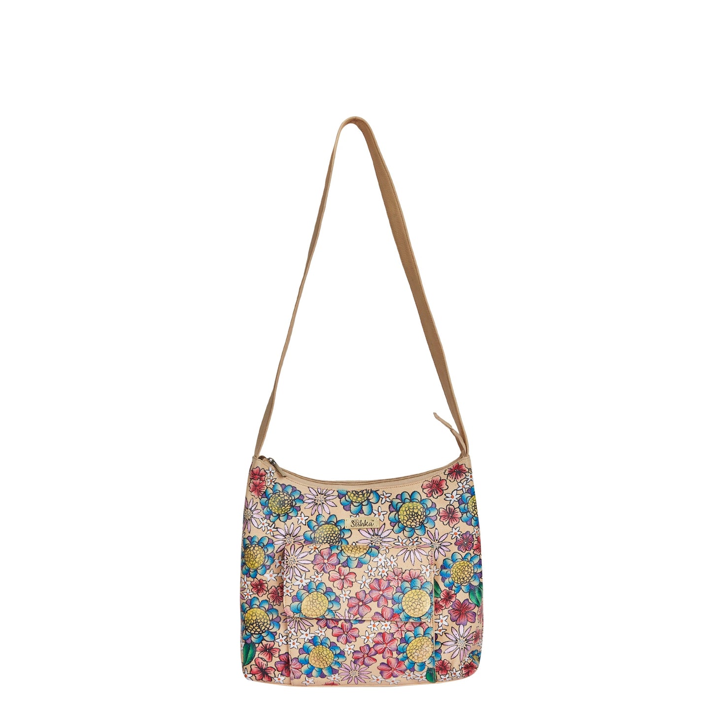 Elegant Leather Hobo Bag with Hand-Painted Floral Design