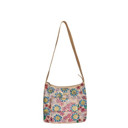 Elegant Leather Hobo Bag with Hand-Painted Floral Design