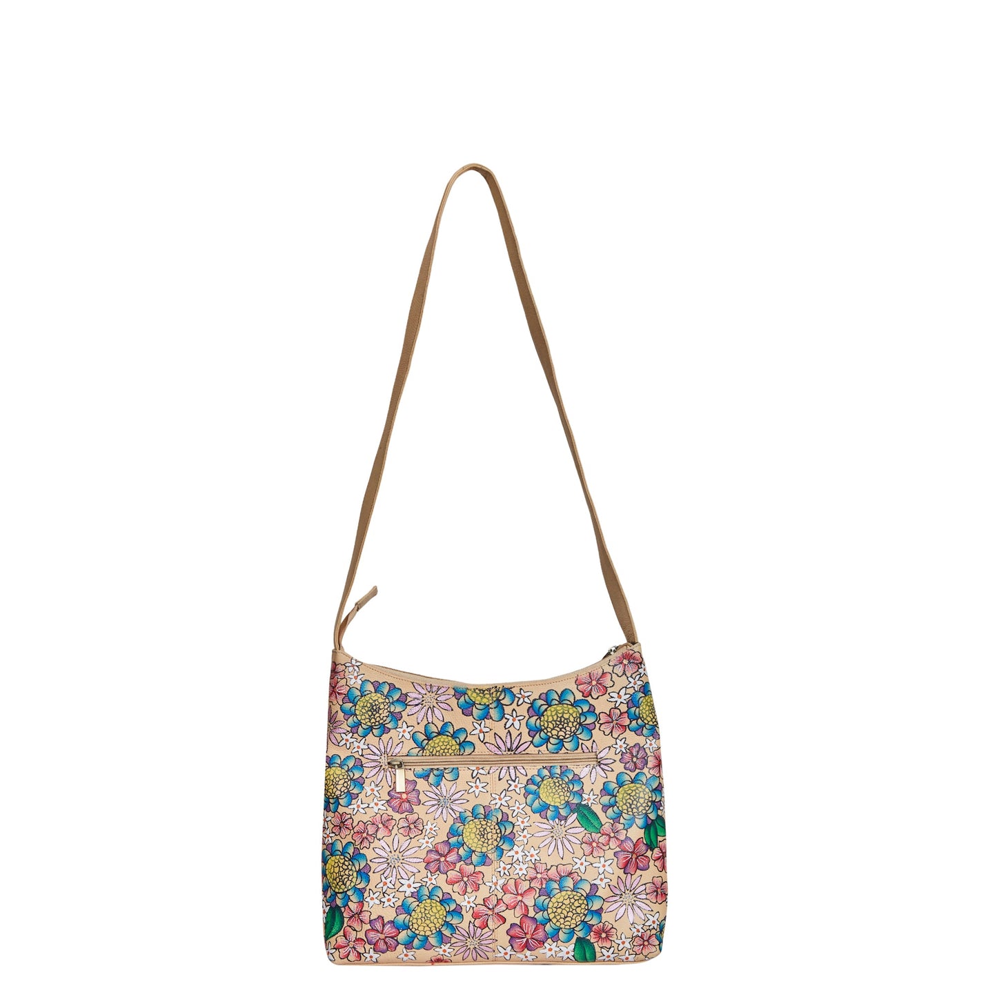 Elegant Leather Hobo Bag with Hand-Painted Floral Design