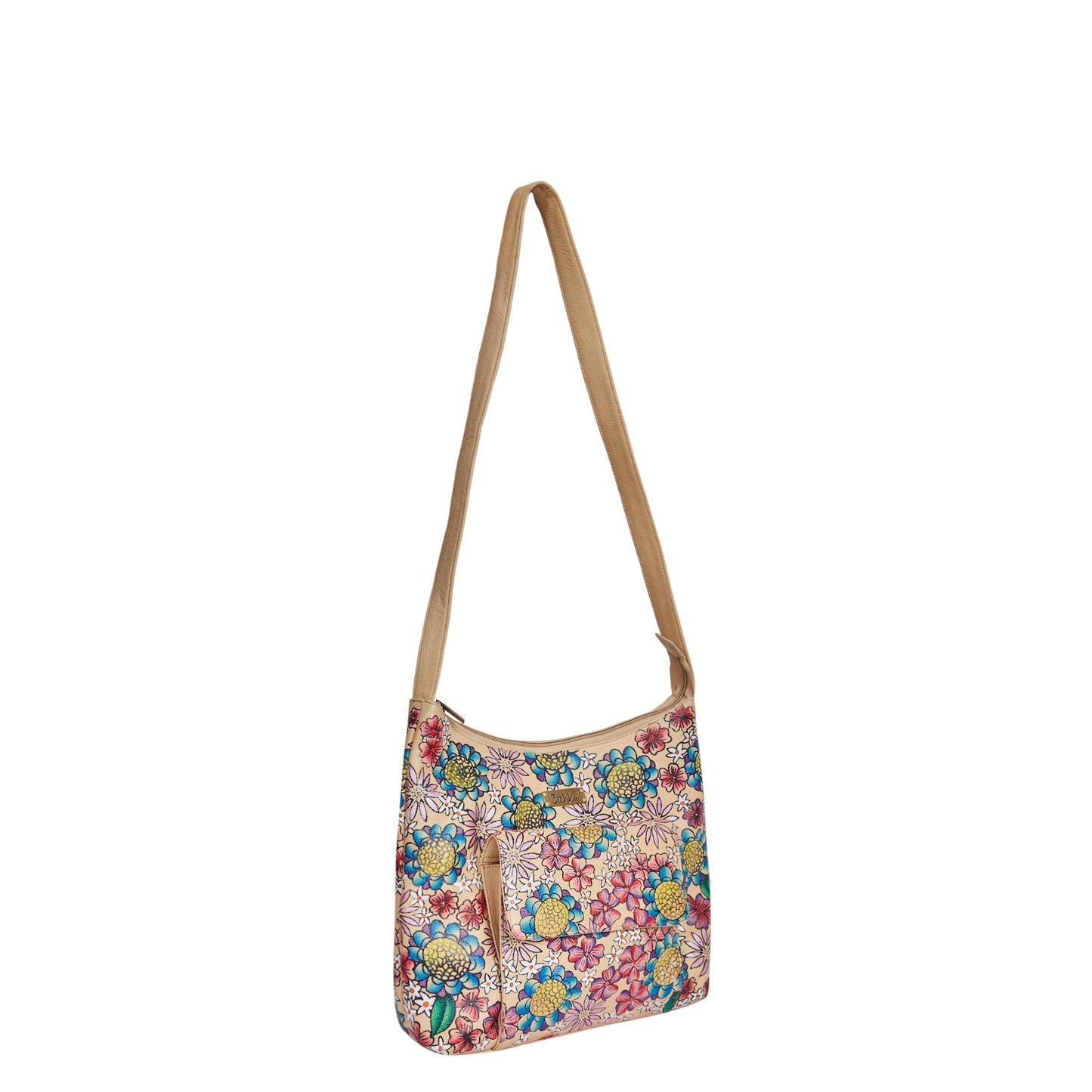 Elegant Leather Hobo Bag with Hand-Painted Floral Design