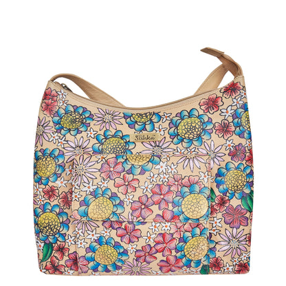 Elegant Leather Hobo Bag with Hand-Painted Floral Design