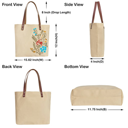 Floral Embroidered Canvas Tote for Women with Cotton Lining & Leather Handle—Travel, Beach & Daily Use, Shoulder Bag- Pack of 5