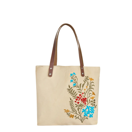 Women's Canvas Tote Bag  Floral Embroidery with Leather Straps Travel, Gifting, New Year, Christmas, Special Occasion
