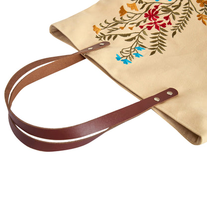 Wholesale Floral Embroidered Canvas Carry Tote with Leather