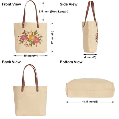 Floral Embroidered Canvas Tote for Women with Cotton Lining & Leather Handle—Travel, Beach & Daily Use, Shoulder Bag- Pack of 5