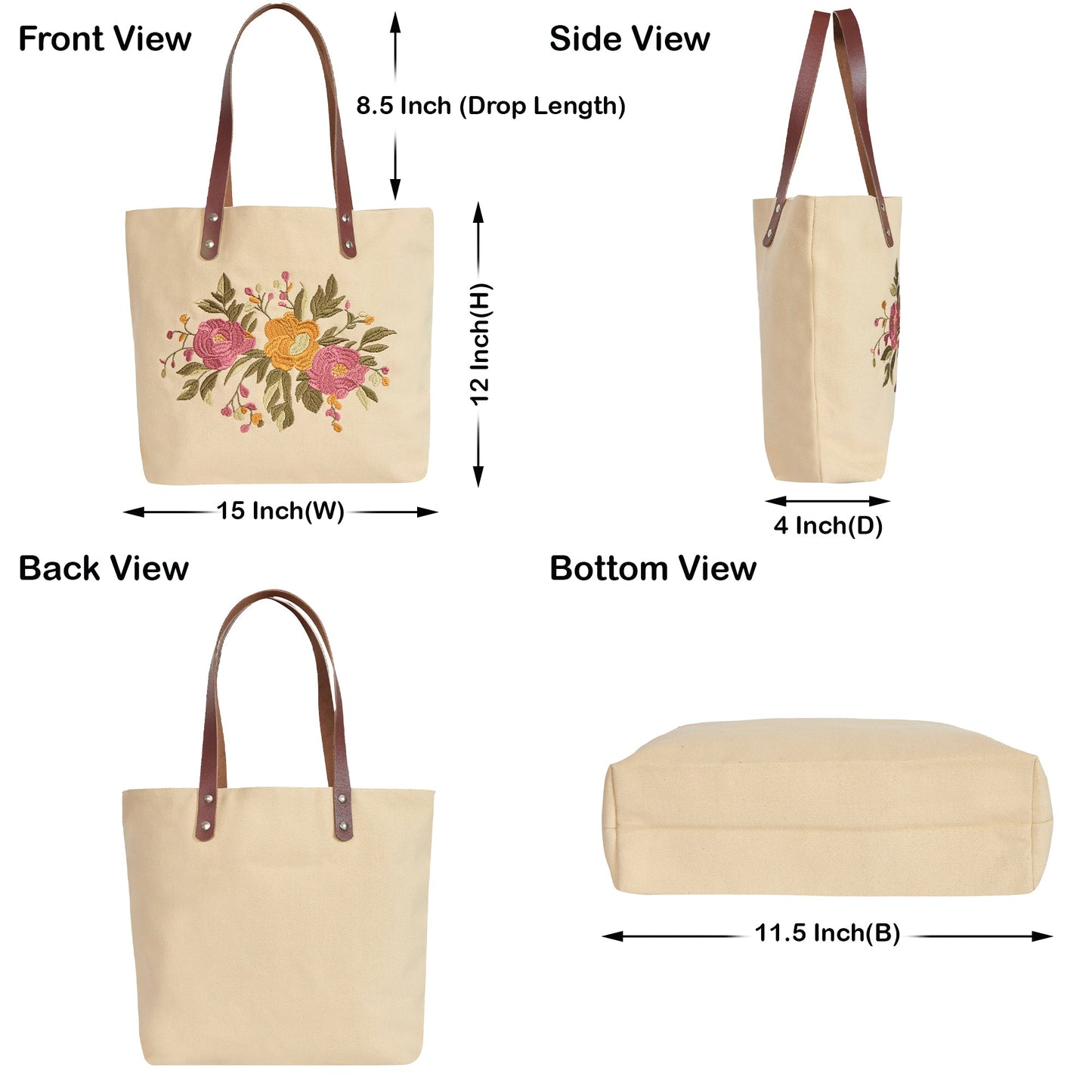 Wholesale Eco Friendly Floral Embroidered Canvas Tote with Leather
