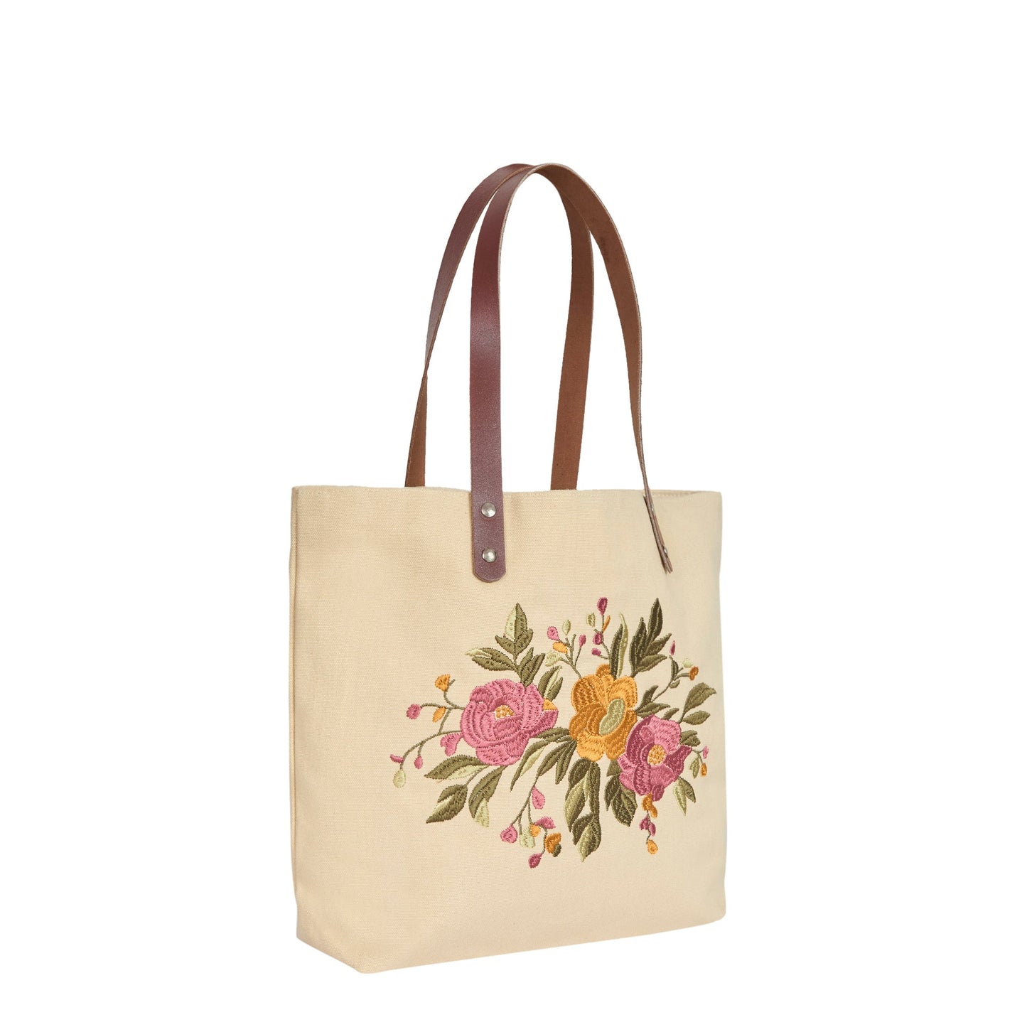 Wholesale Eco Friendly Floral Embroidered Canvas Tote with Leather