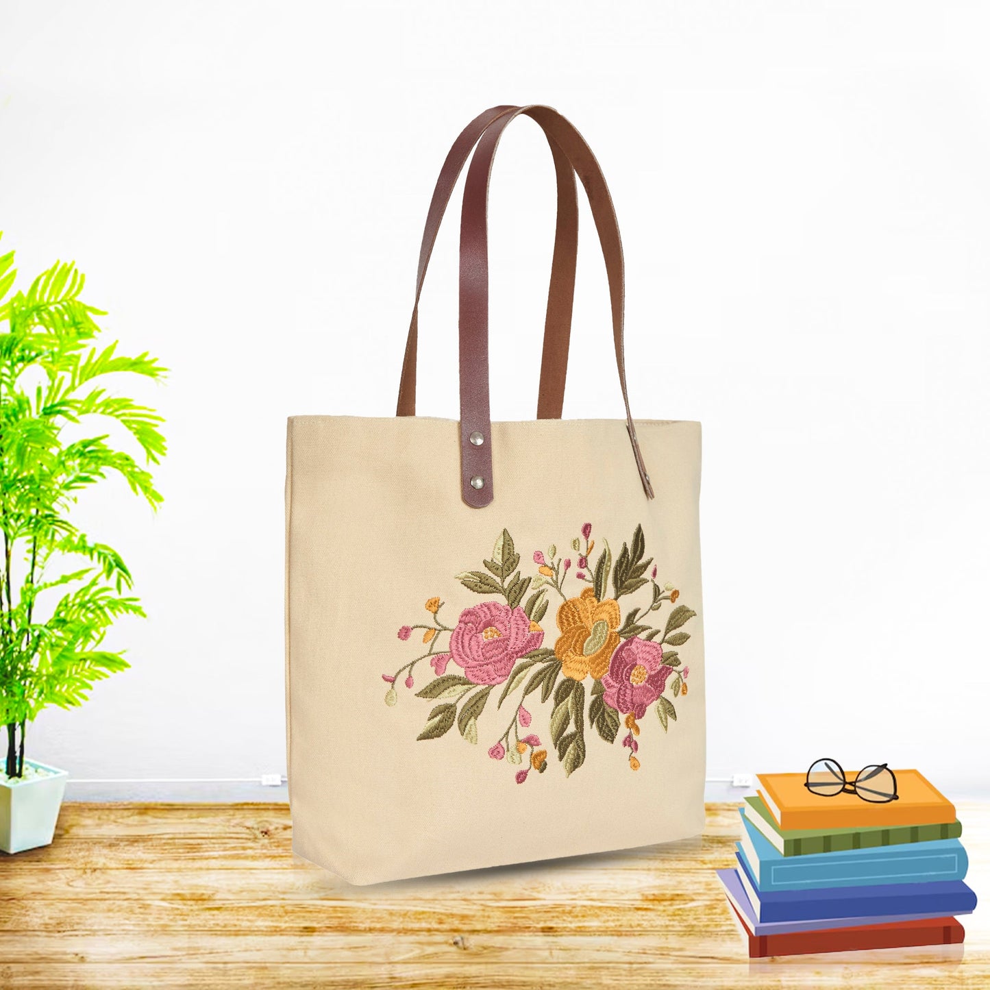 Wholesale Eco Friendly Floral Embroidered Canvas Tote with Leather