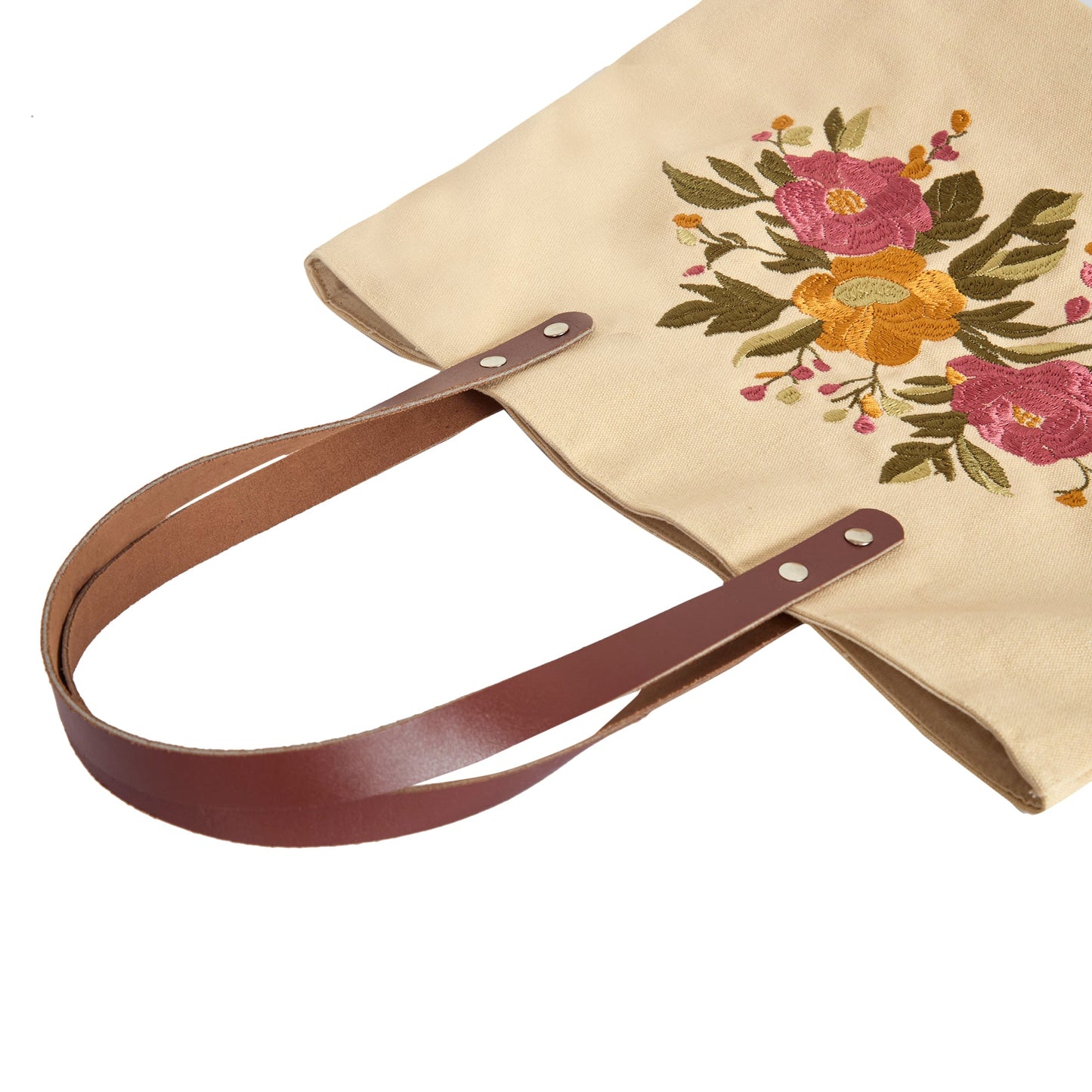 Wholesale Eco Friendly Floral Embroidered Canvas Tote with Leather