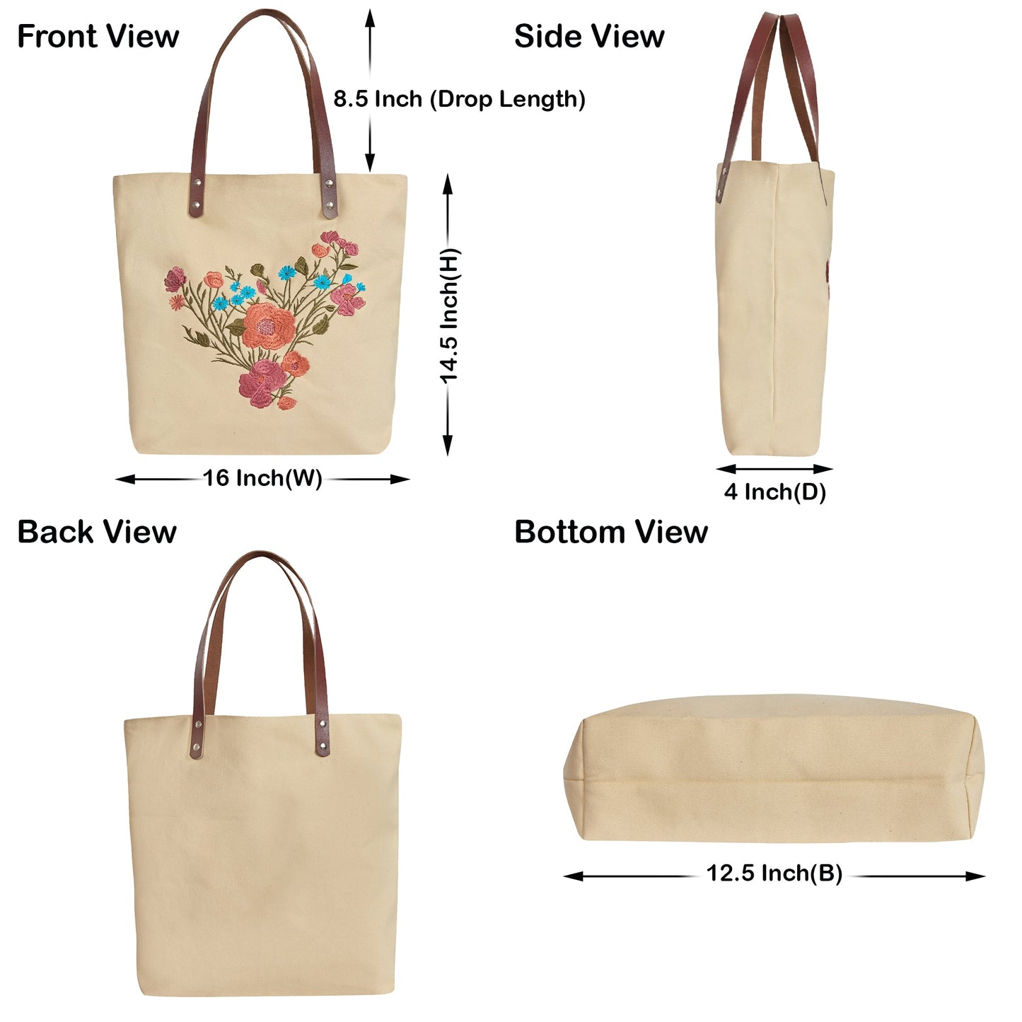 Floral Embroidered Canvas Tote for Women with Cotton Lining & Leather Handle—Travel, Beach & Daily Use, Shoulder Bag- Pack of 5