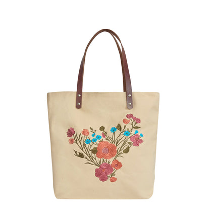 Elegant Canvas Tote Bag with Colorful Floral Embroidery Travel, Gifting, New Year, Christmas, Special Occasion