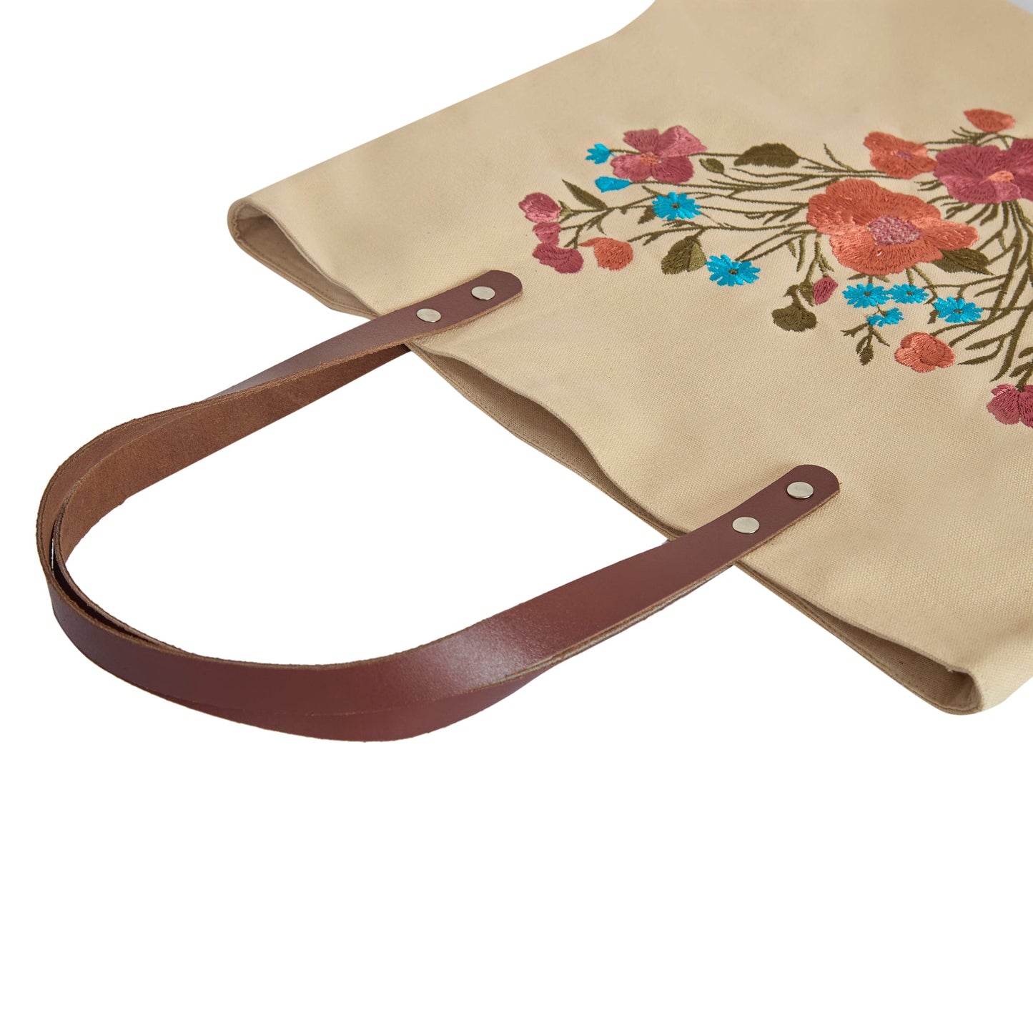 Elegant Canvas Tote Bag with Colorful Floral Embroidery Travel, Gifting, New Year, Christmas, Special Occasion