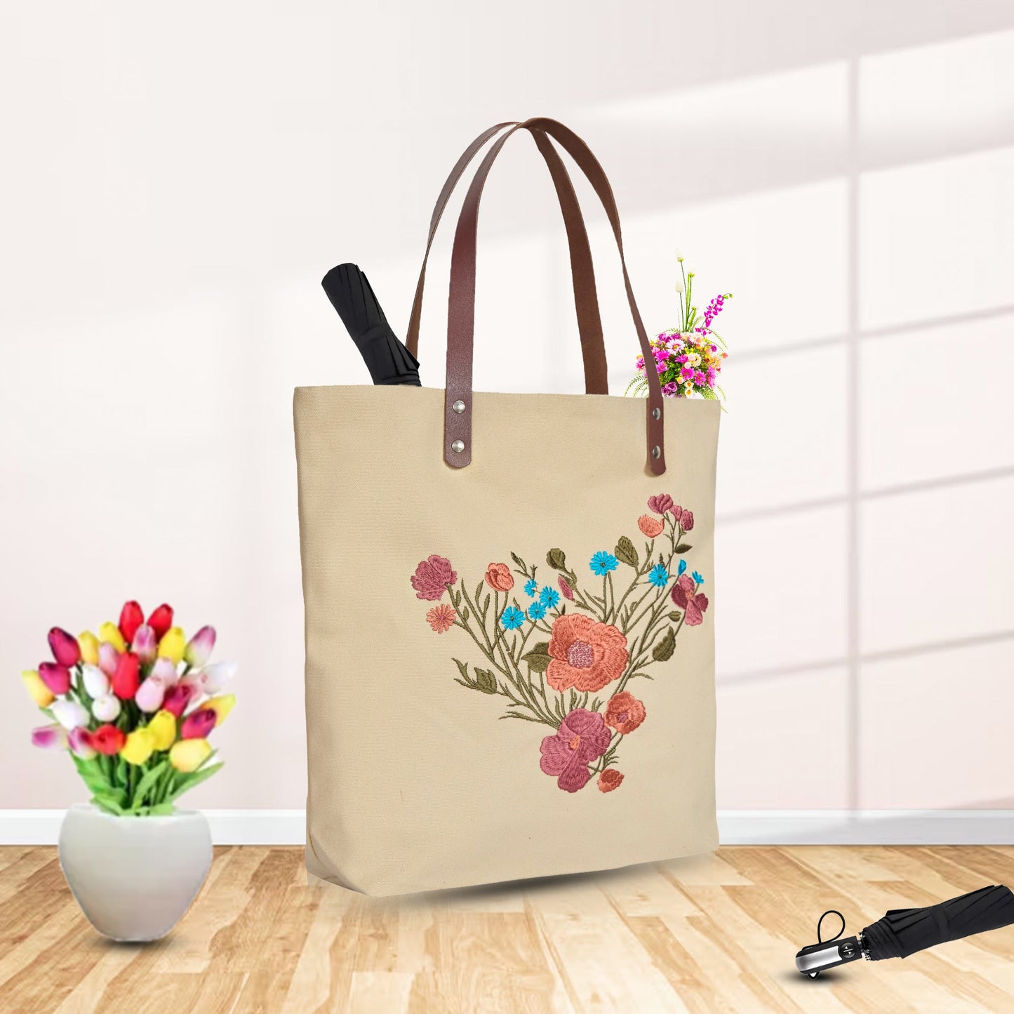 Elegant Canvas Tote Bag with Colorful Floral Embroidery Travel, Gifting, New Year, Christmas, Special Occasion