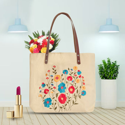 Wholesale Multi-Purpose Floral Embroidered Tote bag with Leather