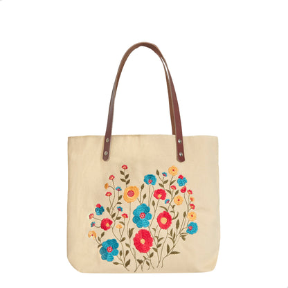 Wholesale Multi-Purpose Floral Embroidered Tote bag with Leather