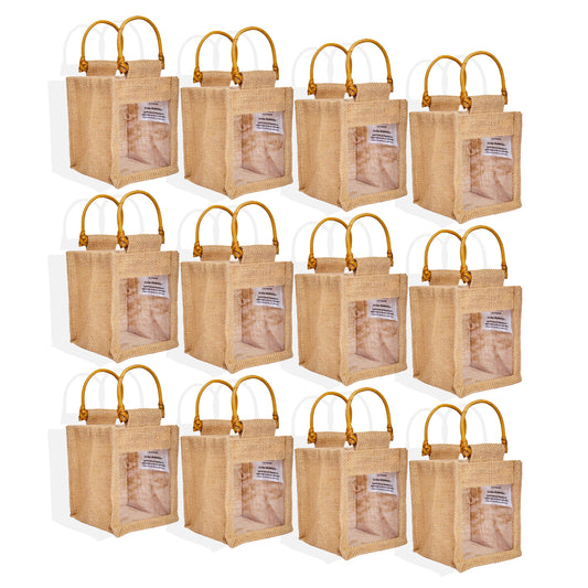 Natural Burlap Gift Bags with PVC – Favor Bags for Weddings, Christmas, New Year, Parties, and Birthday Gifts (Packs of 12)