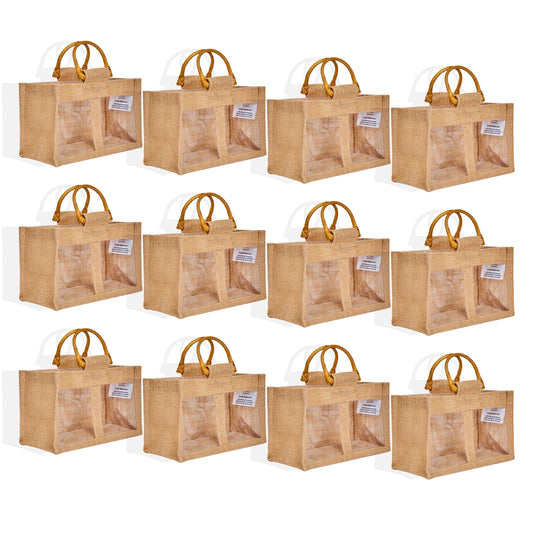 Reusable  Jute Gift Bags with PVC Windows – Burlap Pouches for Weddings, Bridesmaid Party Gifts (12 Pcs)