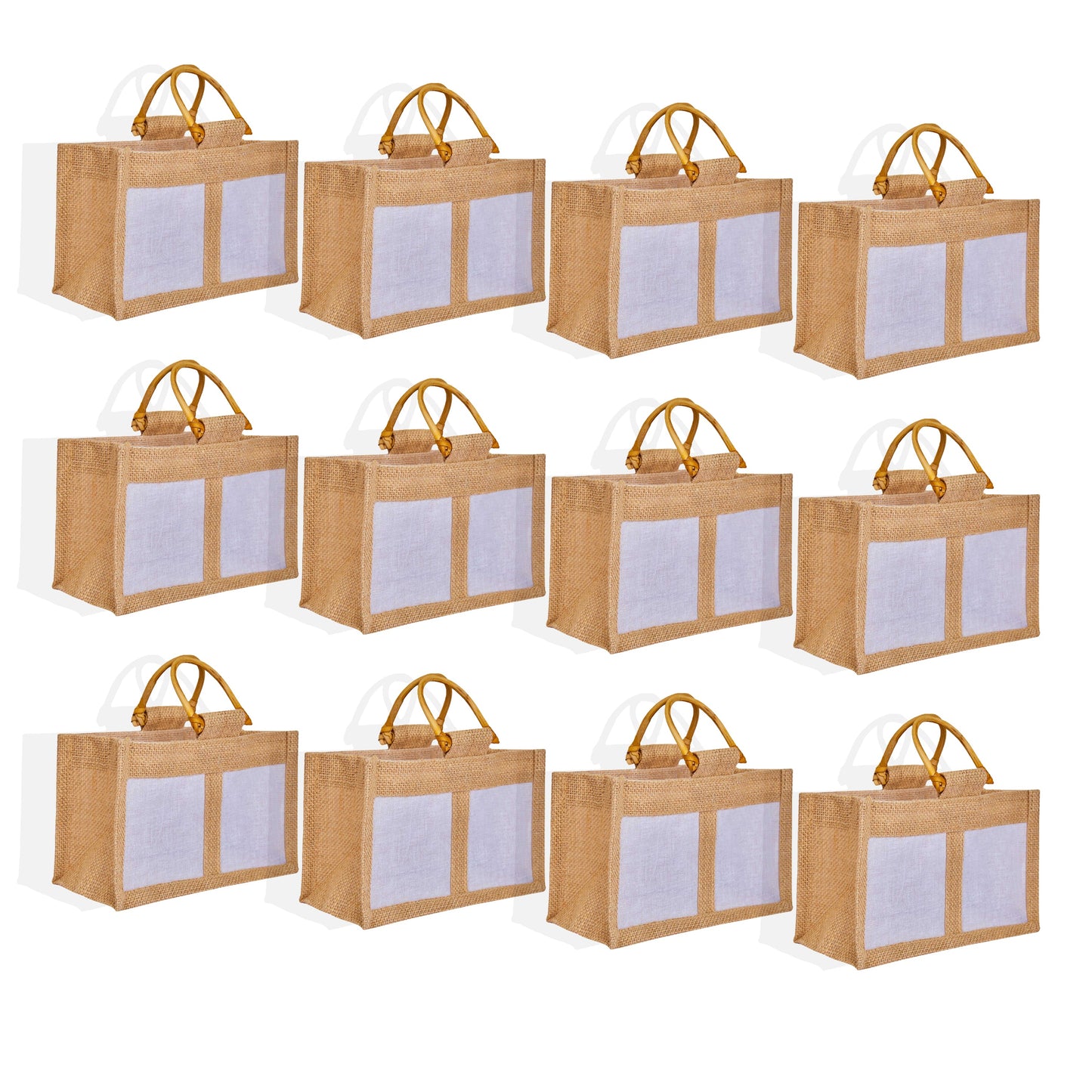 Jute Gift Bags with Cane Handles & Organza Panels – Burlap Pouches for Weddings, Bridesmaid Gifts, Parties (12 Pcs)