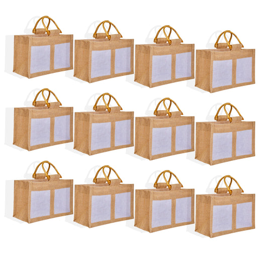 Jute Gift Bags with Cane Handles & Organza Panels – Burlap Pouches for Weddings, Bridesmaid Gifts, Parties (12 Pcs)