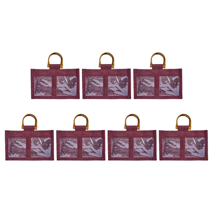Coloured Jute Gift Bags with Cane Handles – Burlap Pouches for Weddings, Bridesmaid Gifts, Parties (7 Pcs)