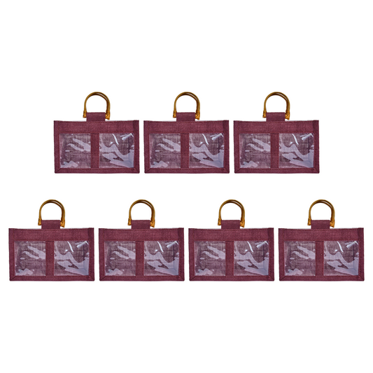 Coloured Jute Gift Bags with Cane Handles – Burlap Pouches for Weddings, Bridesmaid Gifts, Parties (7 Pcs)