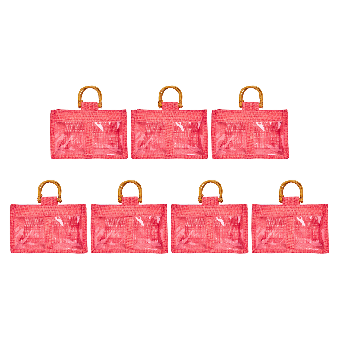 Coloured Jute Gift Bags with Cane Handles – Burlap Pouches for Weddings, Bridesmaid Gifts, Parties (7 Pcs)