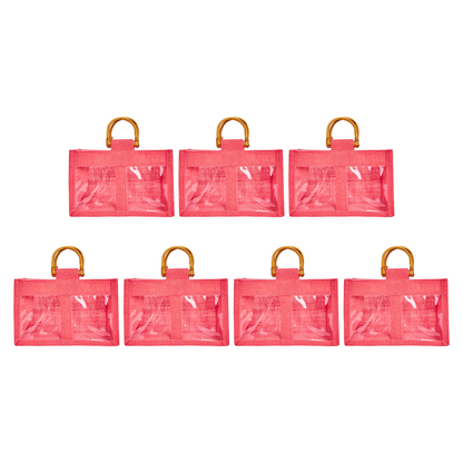 Coloured Jute Gift Bags with Cane Handles – Burlap Pouches for Weddings, Bridesmaid Gifts, Parties (7 Pcs)