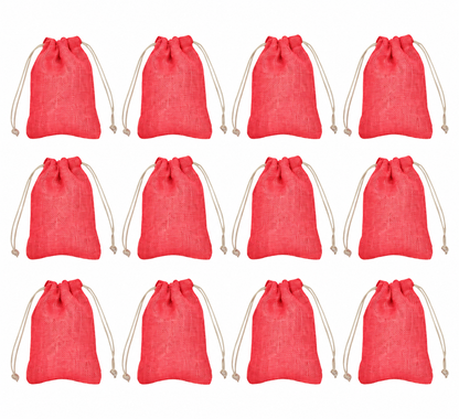 12 Pack 7.08 x 4.72 Inch Jucobee Jute Gift Bags, Reusable Burlap Pouches in Deep Red, Pink, Green and Orange for Gifting and Storage