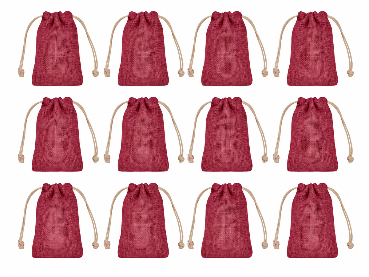 12 Pack 6.29 x 3.93 Inch Jucobee Jute Gift Bags, Reusable Drawstring Pouches in Deep Red, Pink, Green and Orange for Jewelry and Crafts