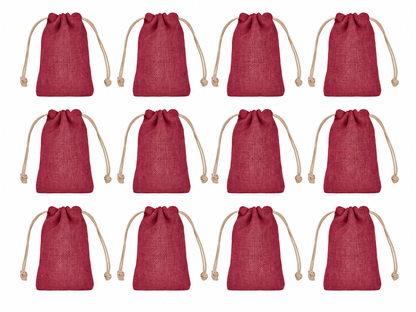 12 Pack 6.29 x 3.93 Inch Jucobee Jute Gift Bags, Reusable Drawstring Pouches in Deep Red, Pink, Green and Orange for Jewelry and Crafts