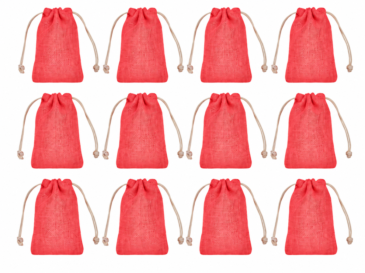 12 Pack 6.29 x 3.93 Inch Jucobee Jute Gift Bags, Reusable Drawstring Pouches in Deep Red, Pink, Green and Orange for Jewelry and Crafts