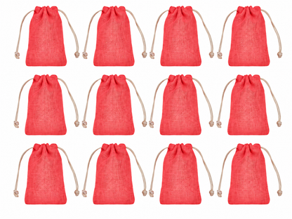 12 Pack 6.29 x 3.93 Inch Jucobee Jute Gift Bags, Reusable Drawstring Pouches in Deep Red, Pink, Green and Orange for Jewelry and Crafts