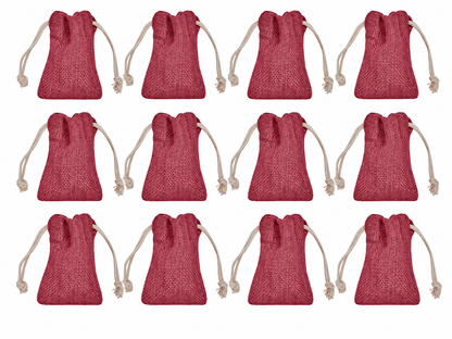 12 Pack 3.9 x 2.7 Inch Jucobee Jute Gift Bags, Reusable Drawstring Pouches in Deep Red, Pink, Green and Orange for Jewelry and Crafts