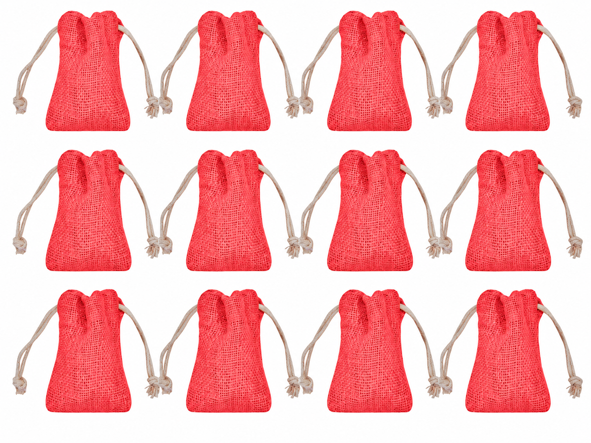 12 Pack 3.9 x 2.7 Inch Jucobee Jute Gift Bags, Reusable Drawstring Pouches in Deep Red, Pink, Green and Orange for Jewelry and Crafts
