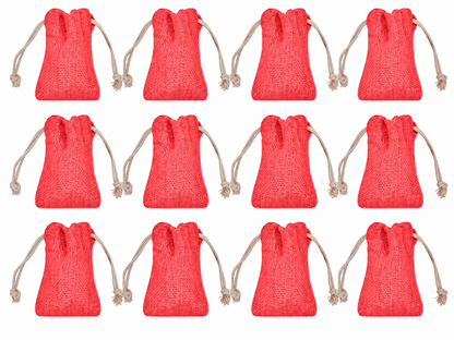12 Pack 3.9 x 2.7 Inch Jucobee Jute Gift Bags, Reusable Drawstring Pouches in Deep Red, Pink, Green and Orange for Jewelry and Crafts