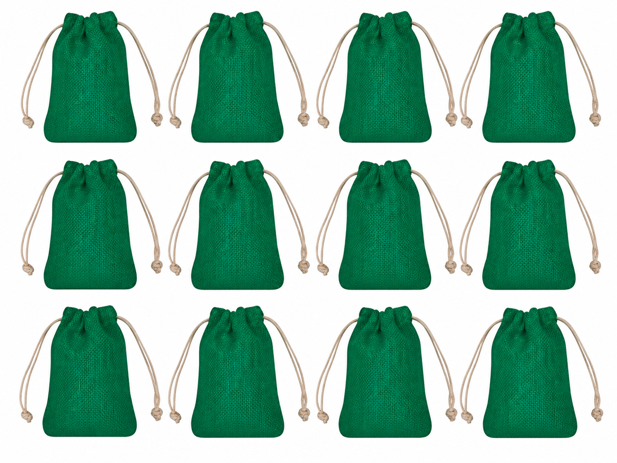 12 Pack 9.05 x 6.69 Inch Jucobee Jute Gift Bags, Drawstring Pouches in Deep Red, Pink, Green, Orange for Jewelry, Crafts and Gifting