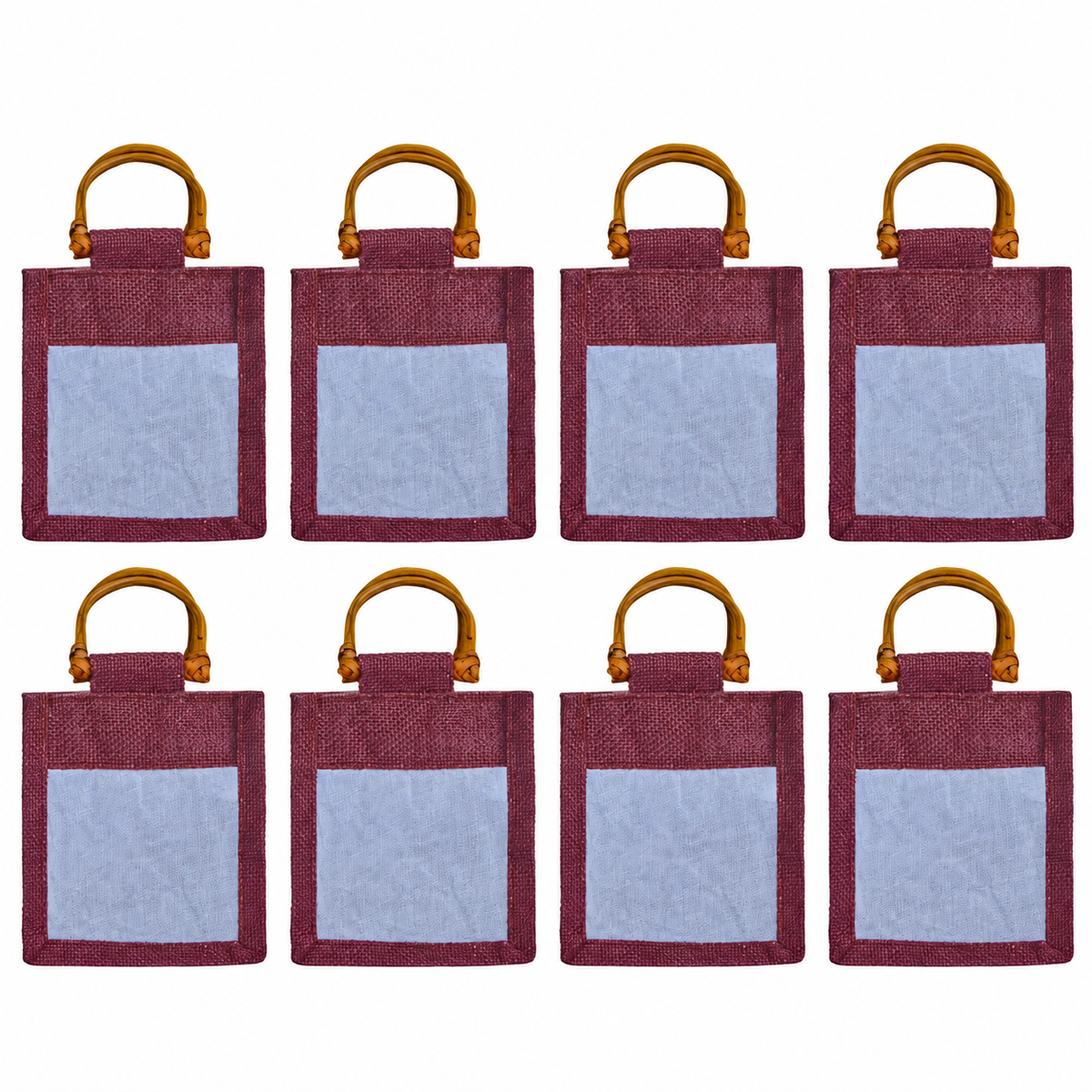 8 Pack 5.11 x 4.34 x 3.93 Inch Jucobee Jute Gift Bags, Cane Handles and Organza Overlay in Deep Red, Pink, Green, Orange
