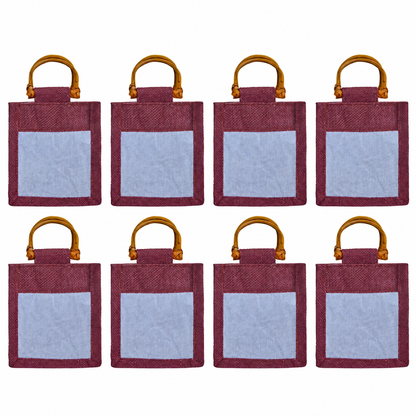 8 Pack 5.11 x 4.34 x 3.93 Inch Jucobee Jute Gift Bags, Cane Handles and Organza Overlay in Deep Red, Pink, Green, Orange