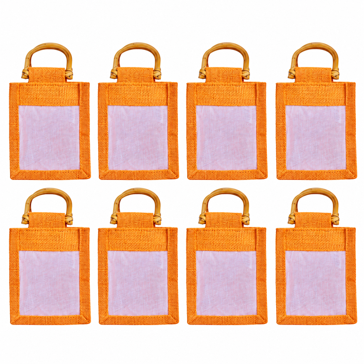 8 Pack 5.11 x 4.34 x 3.93 Inch Jucobee Jute Gift Bags, Cane Handles and Organza Overlay in Deep Red, Pink, Green, Orange