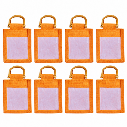 8 Pack 5.11 x 4.34 x 3.93 Inch Jucobee Jute Gift Bags, Cane Handles and Organza Overlay in Deep Red, Pink, Green, Orange
