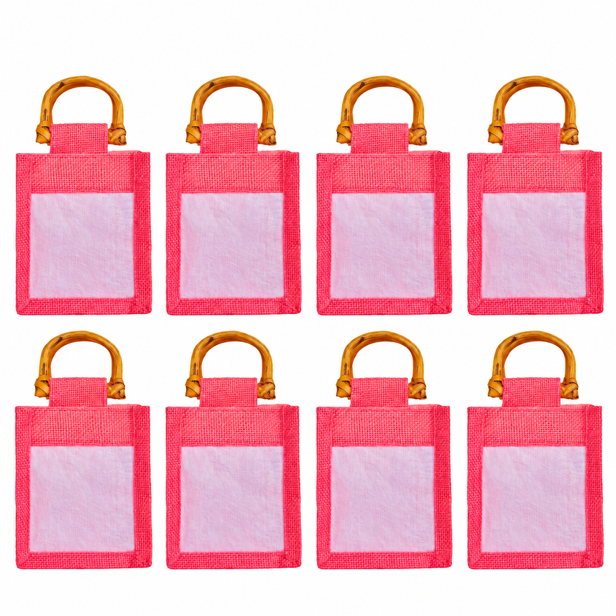 8 Pack 5.11 x 4.34 x 3.93 Inch Jucobee Jute Gift Bags, Cane Handles and Organza Overlay in Deep Red, Pink, Green, Orange