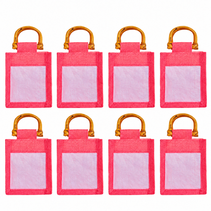 8 Pack 5.11 x 4.34 x 3.93 Inch Jucobee Jute Gift Bags, Cane Handles and Organza Overlay in Deep Red, Pink, Green, Orange