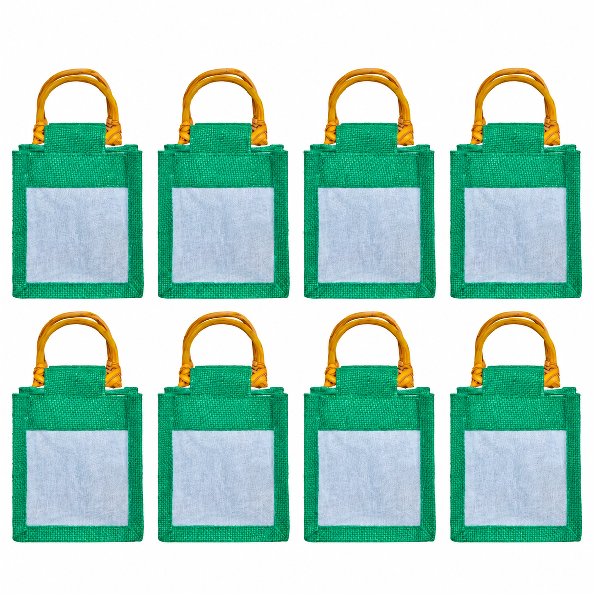 8 Pack 5.11 x 4.34 x 3.93 Inch Jucobee Jute Gift Bags, Cane Handles and Organza Overlay in Deep Red, Pink, Green, Orange