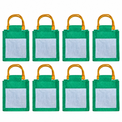 8 Pack 5.11 x 4.34 x 3.93 Inch Jucobee Jute Gift Bags, Cane Handles and Organza Overlay in Deep Red, Pink, Green, Orange